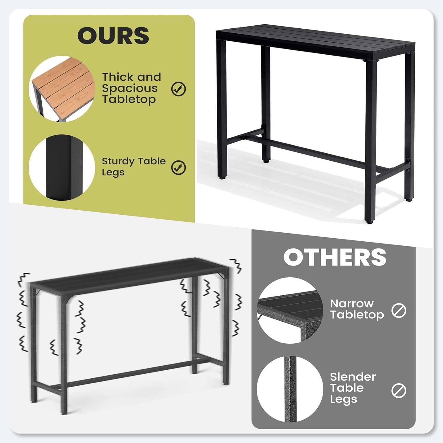 Crestlive Products Outdoor Bar Table and Chairs Set, 3 Piece Outside Patio Bar Set with 43" Long Bar Table and 2 Bar Stools for Balcony, Bistro, Garden, Backyard(Black Desktop and Light Gray Cushion)