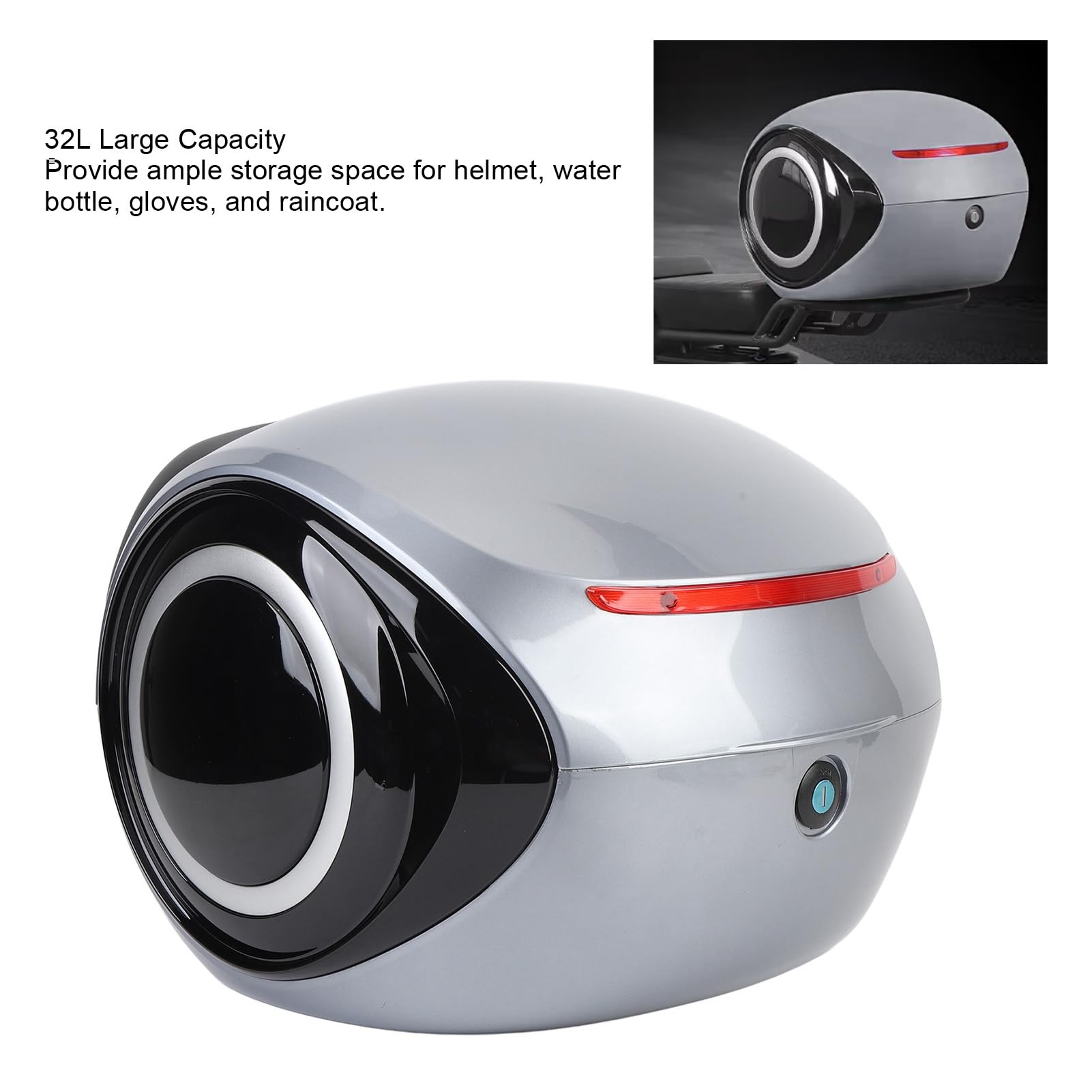 Bauletto superiore per moto da 32 litri, bauletto posteriore in ABS resistente all’acqua e alla polvere, baule portatile dallo stile sportivo con schienale e strisce riflettenti (Grigio)