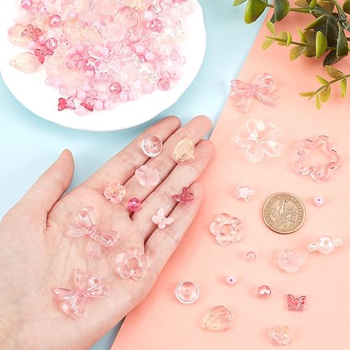 Miniatura 4 de PH PandaHall 15 estilos de cuentas rosas de 1.76 oz de cuentas acrílicas, 50 piezas de colgantes de vidrio, cuentas de flores y mariposas, cuentas