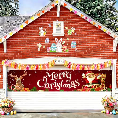 Image of Christmas Sleigh Outdoor Banner 78.7 x 17.7 Inch Santa with Reindeer on Red Background Festive Holiday Decoration for Yard Garden Fence Porch or Patio Display