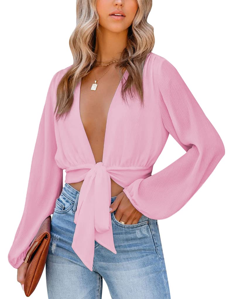 LYANER Women's Deep V Neck Tie Front Knot Long Sleeve Sexy Wrap Crop Top Blouse Pink Medium