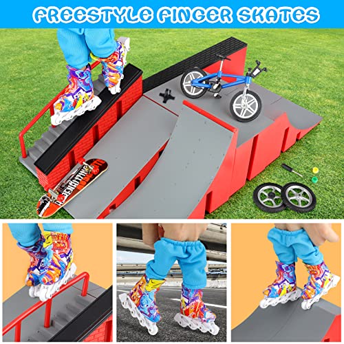 Ketiee Mini Finger Toys Set Includes Fingerboard, A Pair Of Roller Skates, Finger Bikes, Finger Pants & Replacement Wheel Tools, Training Props Finger Toys Fingerboards Skateboards Set For Kids Gifts #TOP2