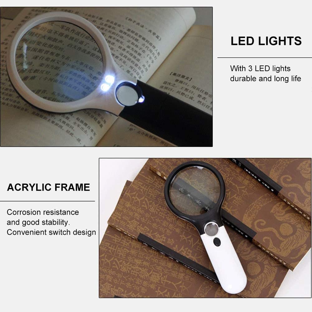 Lupa con 3 luces iluminadas, 2 lentes, 10X + 30X, lectura de mano para niños, personas mayores, inspección de joyas, monedas, mago,