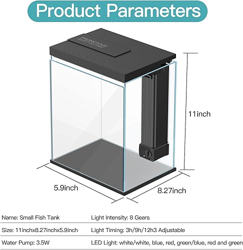 Vista 6 de Betta Fish Tank, kit de inicio de acuario de vidrio de 2 galones, tanque de peces pequeño con filtro y luz (negro)