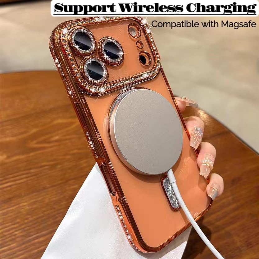 for iPhone 17 Pro Max Case Magnetic Clear Glitter,Orange,[Compatible with Magsafe],Cute Sparkly Bling Diamond Camera Lens Protector Soft Plating TPU Bumper Women Girls Phone Case for iPhone 17 Pro Max - Image 5