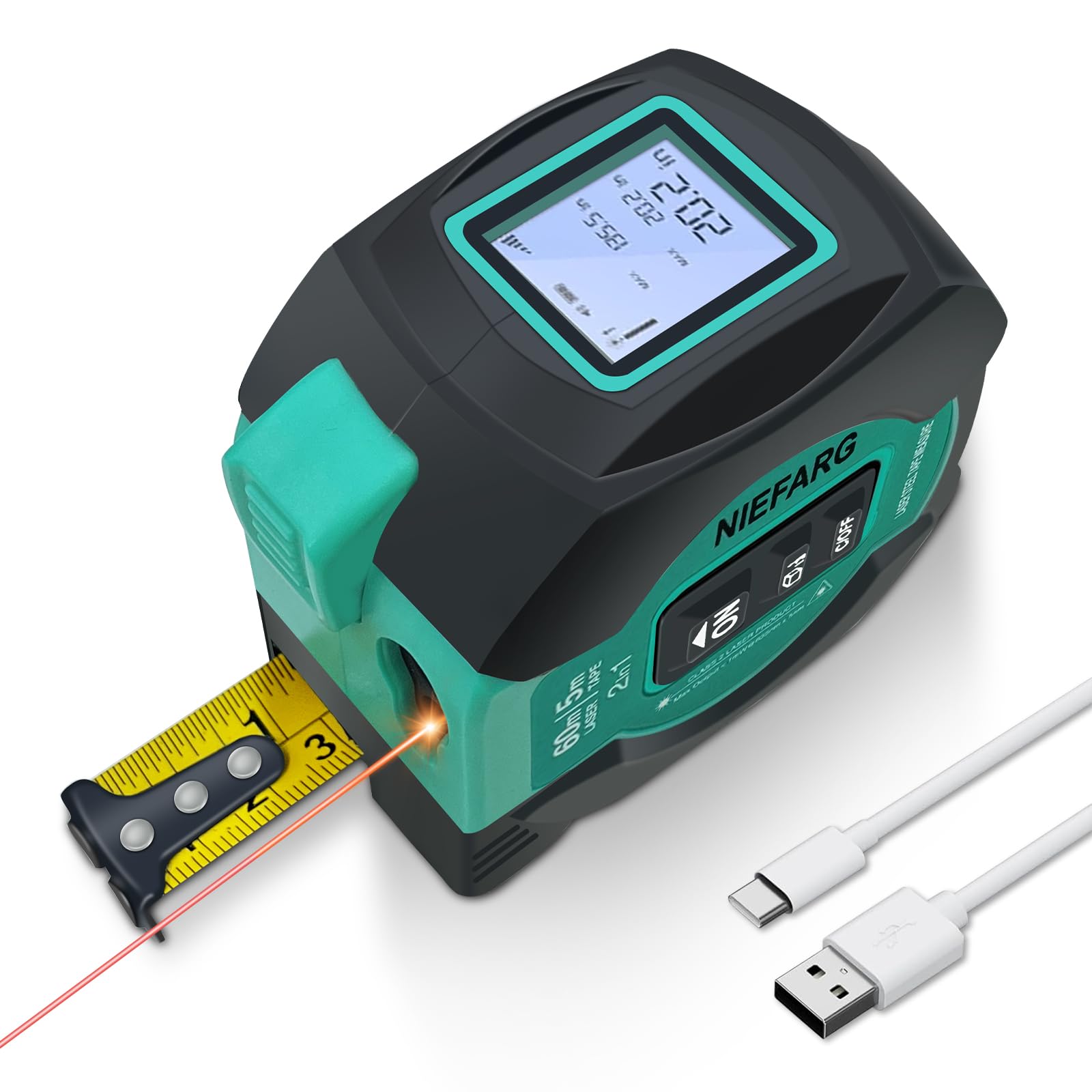 3 in 1 Tape Measure with Laser, 197 ft Laser Tape Measure & 16 ft Digital Laser Tape Measure with LED Display, ft/in/m Unit Switch, Measure Area, Volume, Pythagorean for Woodworker