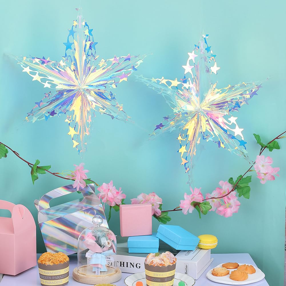 GORGECRAFT 3pz Fiocco di Neve Iridescente Ornamento Da Appendere Stella Fiore Palla Olografica Lamina Trasparente Decorazione Da Soffitto Plastica Arcobaleno Brillante Decorazione Pieghevole per Addio