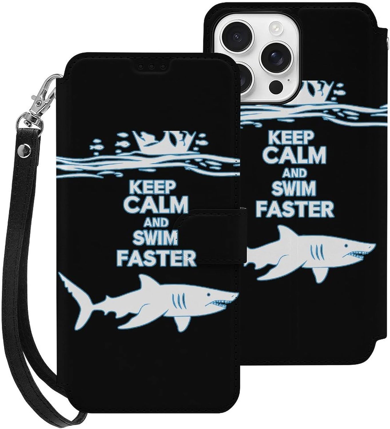 Keep Calm and Swim Faster Compatible with iPhone 16/16 Plus/16 Pro/16 Pro Max/16 E Case Phone Wallet Card Holder Flip Cover with Wrist Strap