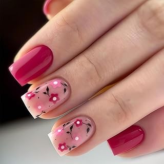 24 Stk. Press on Nails Mandelform, Pinke Blumen Design Künstliche Nägel mit Kleber & Nagelfeile, Elegante Florale Glänzende Aufklebenägel Set für Damen & Mädchen