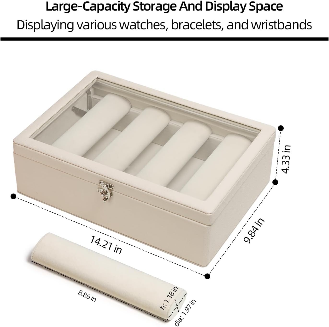 Jewelry Box Leather Bracelet Case Glass Lid with 4 Rods Beige Velvet, Bangle and Watch Box for Woman Velvet Watch Case
