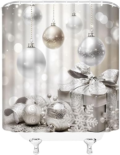 Miniatura 3 de FILMILIL Cortina de ducha de bolas de Navidad plateadas, regalo de copo de nieve, feliz Navidad, invierno, feliz año nuevo, romántico, fantasía,