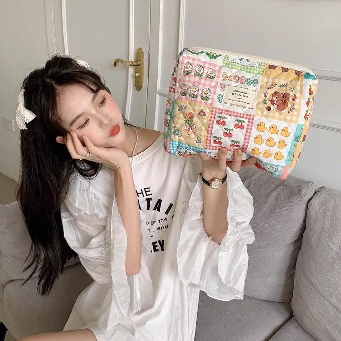 Miniatura 6 de Bonita bolsa de maquillaje acolchada de algodón floral, bolsa de maquillaje grande, bolsa de almacenamiento para oficina, universidad, escuela,