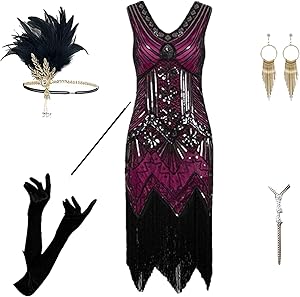 1920er Kostüm Set mit Accessoires. Authentisches Vintage Charleston Kleid als Mafia Outfit