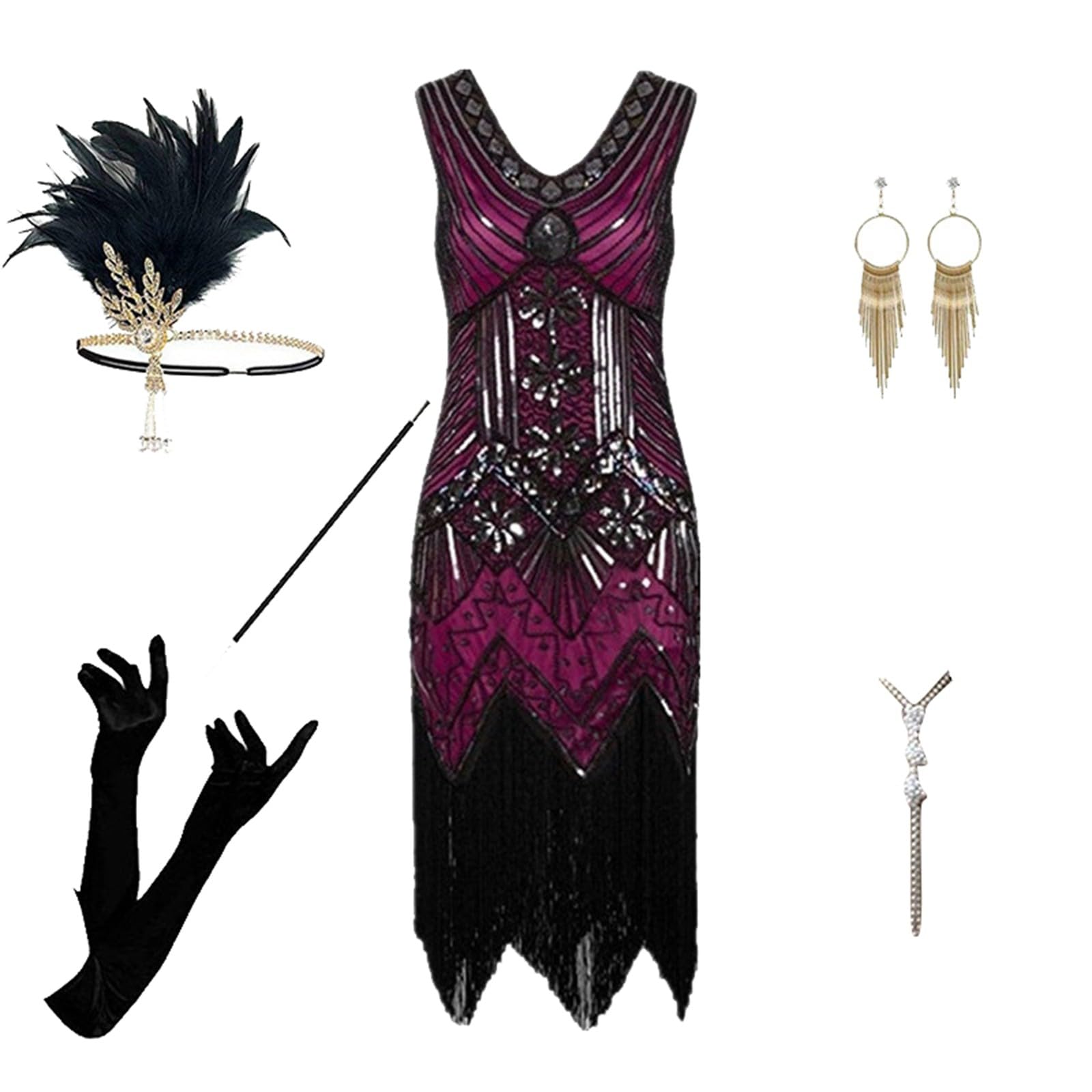 Generisch Costume da donna anni '20, con paillettes, con frange, con scollo a V, senza maniche, per carnevale, alla moda