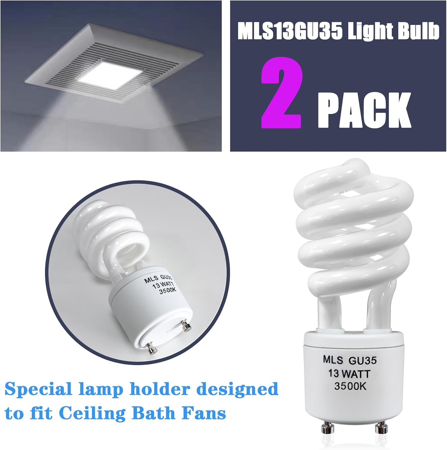 amgolibi MLS13W GU35 Light Bulbs for Panasonic VQL5 Exhaust Fans, GU35 Base, 3500K Natural White, 900 Lumen, 2 Pack