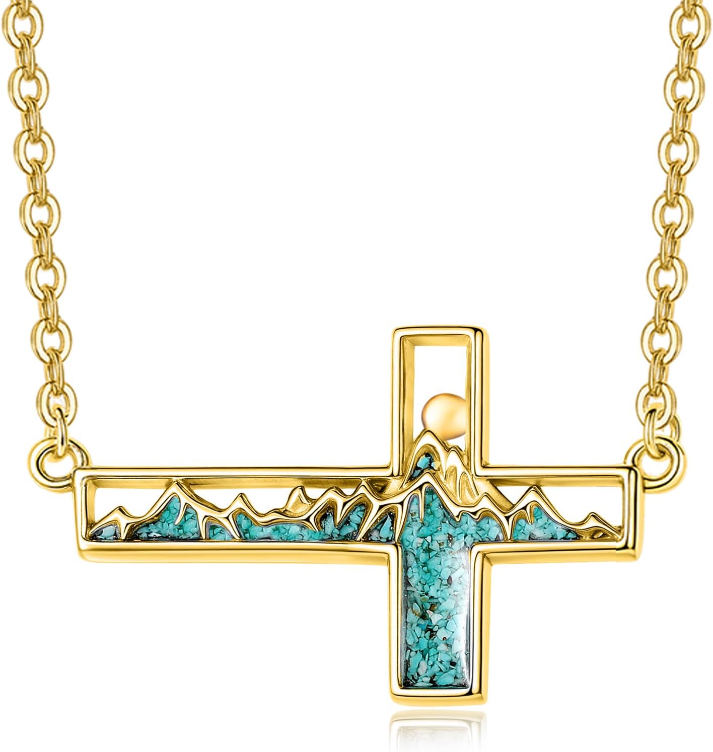 14K Gold Mustard Seed Sideways Cross Necklace for Women Turquoise Mountain Sun Pendant Christian Faith Jewelry First Communion Baptism Confirmation Gifts for Hikers, Climbers and Nature Lovers