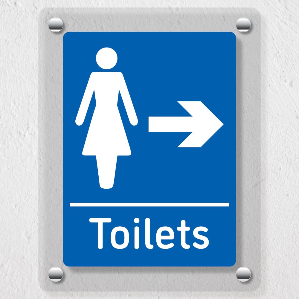 V Safety Womens Toilets Arrow Right Blue - 200 x 300 mm - Acrylic Perspex Cast Clear Safety Sign