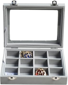 PU Velour Leather Multipurpose 12 Grids Jewellery Display Box Ring/Earrings/Necklace Tray Storage Case Organizer - Grey