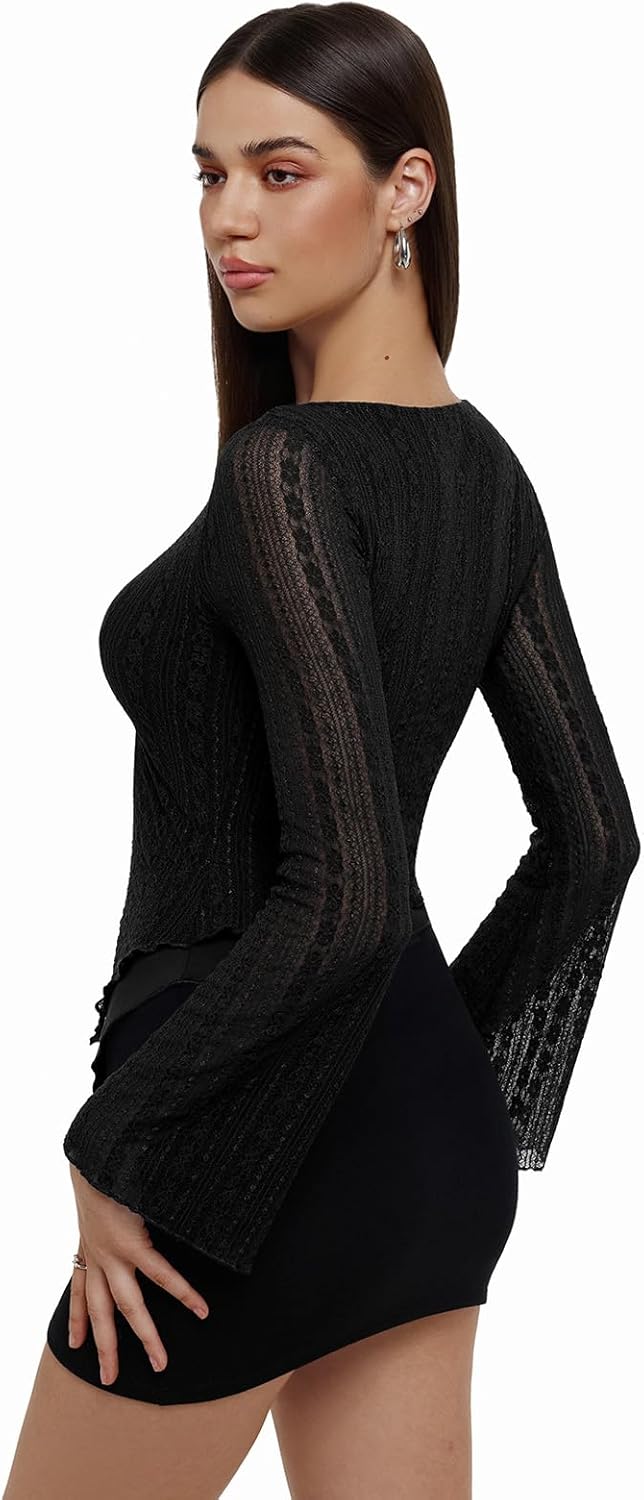 REORIA Women's Lace Mesh Boat Neck Bell Long Sleeve Tops Y2k Going Out Asymmetrical Tops 2025 Fall Fashion - Image 4