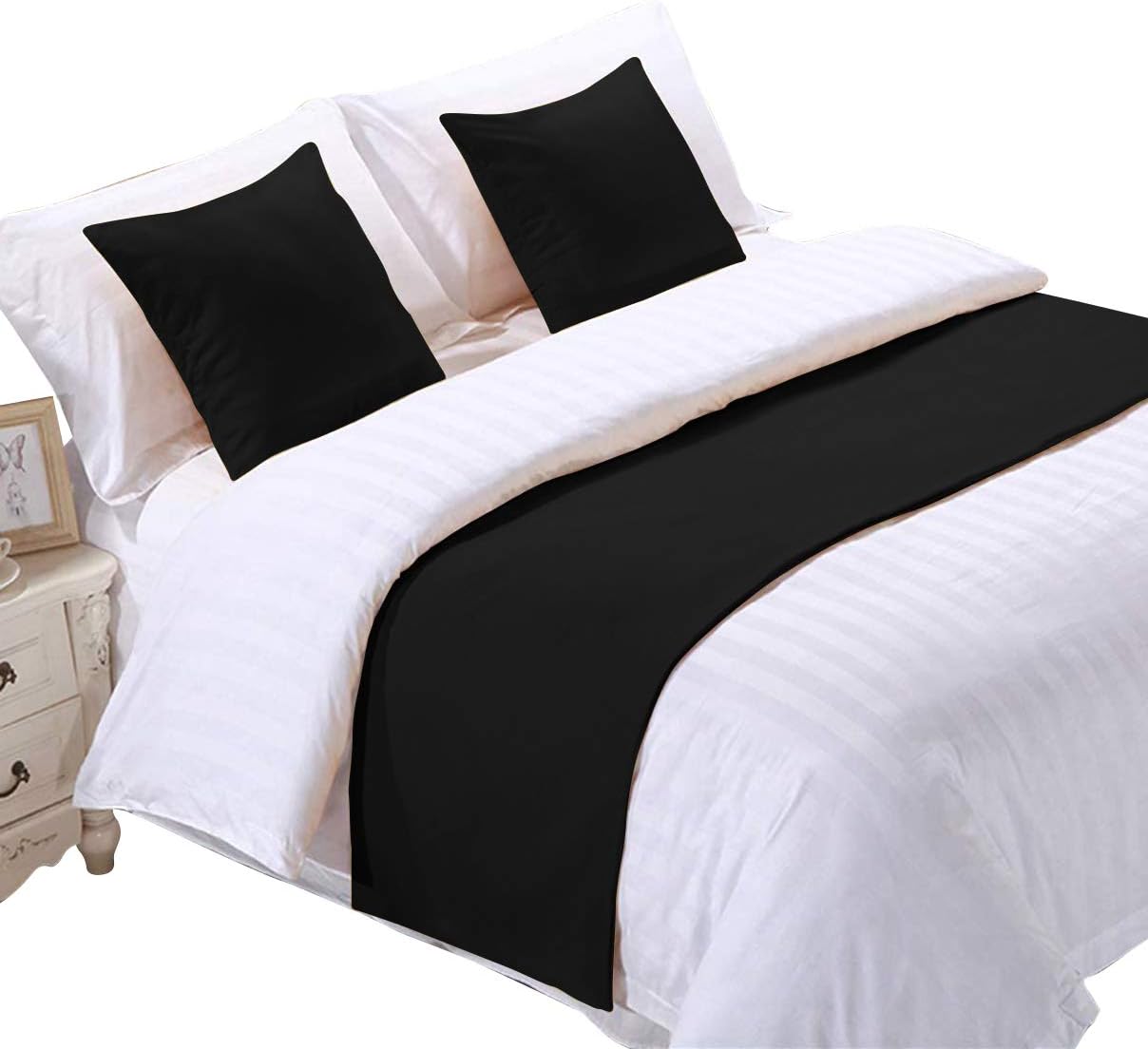 3 Piece Bed Runner Scarf Protector SDipcover Bed Decorative Scarf for Bedroom Hotel Wedding Room - 800 TC-100% Egyptian Cotton, Solid (King, Black)