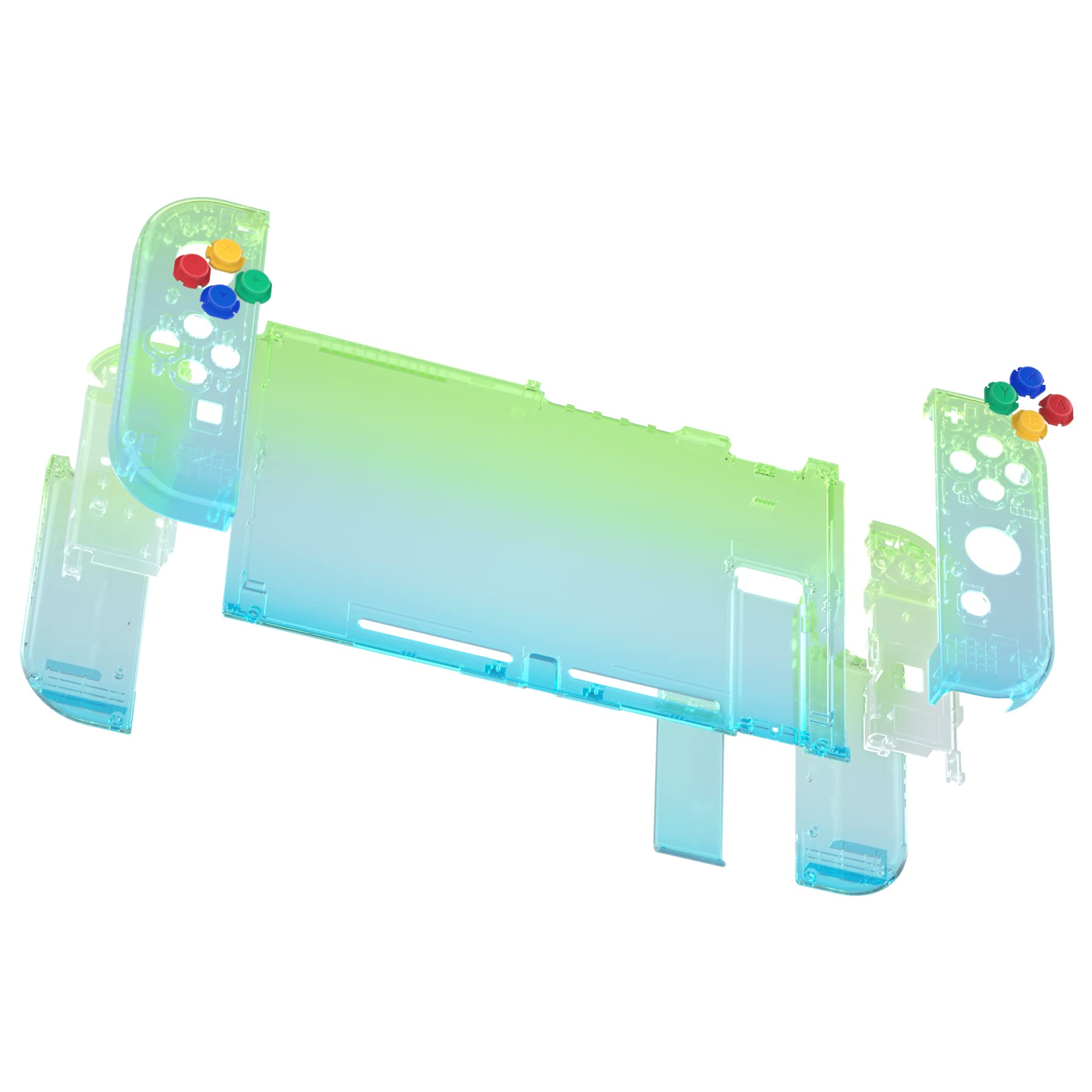 eXtremeRate Coque Remplacement avec Boutons Colorés pour Nintendo Switch, Coque avec Bouton pour Switch Console Joycons, Coque et Bouton Customisé pour NS Transparent Bleu Vert