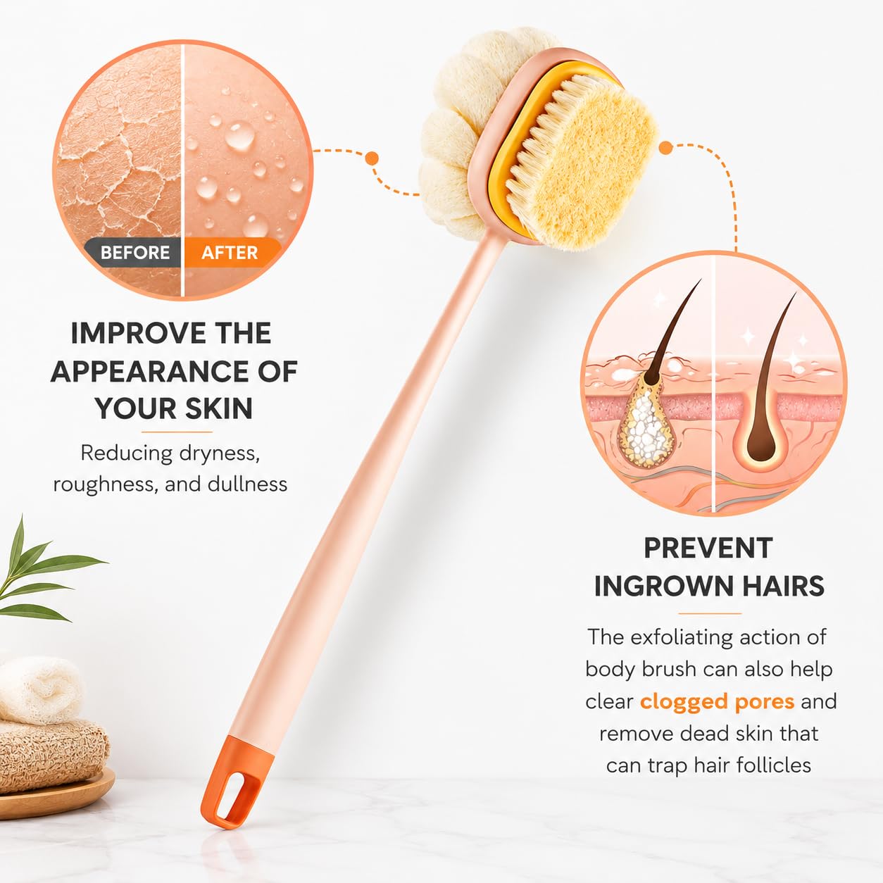 STOFFIER GARTEN 2-in-1 Body Bath Brush for Shower with Long Handle, Soft Bristles & Loofah Back Scrubber for Men & Women, Exfoliating Massage Brush for Deep Cleansing, Dead Skin Removal & Smooth Glowing Skin 3