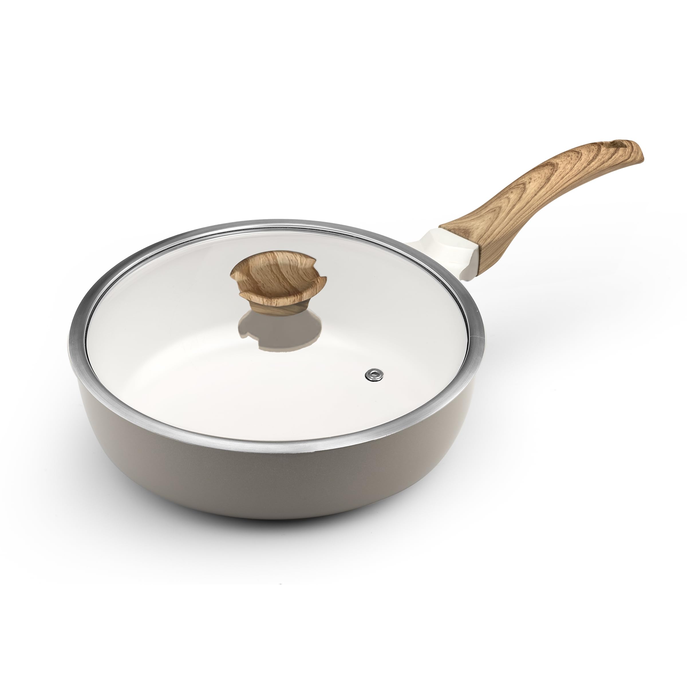 Cuisinox - Mythic - Sauteuse 24 cm avec revêtement en céramique blanche et couvercle assorti - Poignée Fixe Soft Touch effet bois - Sans PFOA et PFAS - Coloris Blanc et Gris