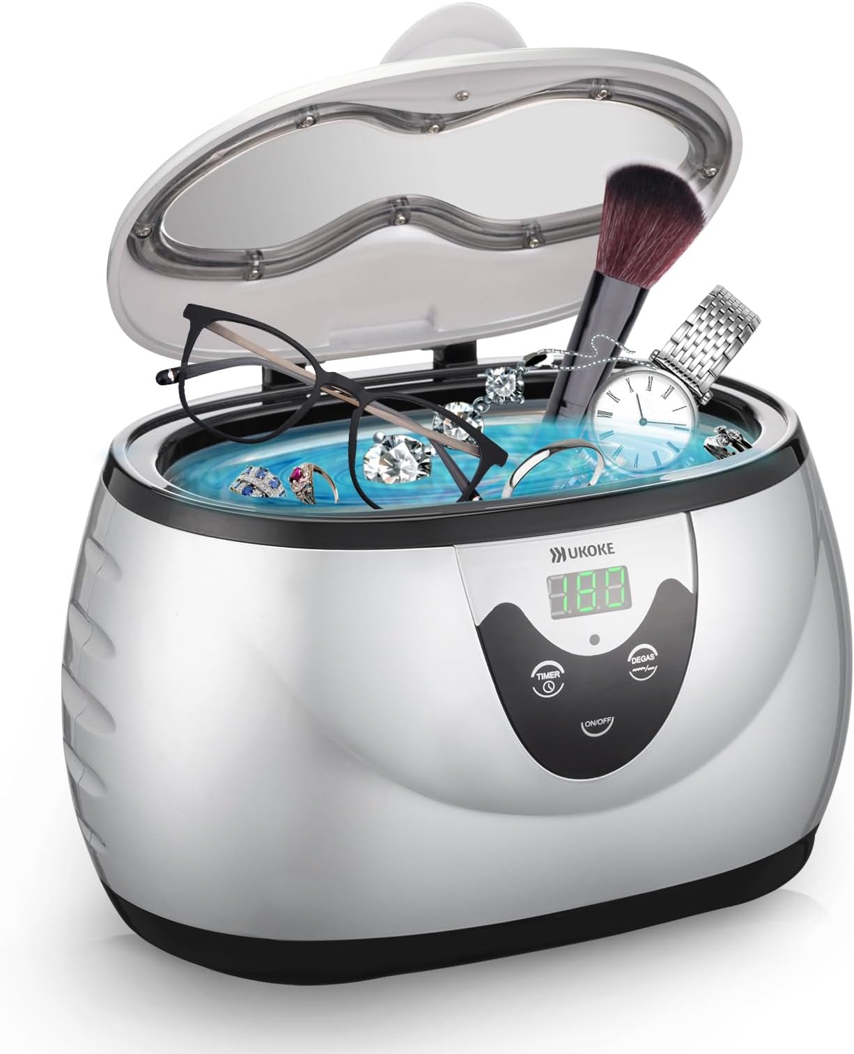 UKOKE 3800S, Professional Jewelry Timer, Portable Household Ultrasonic Cleaning Machine, Eyeglasses Denture Cleaner, 0.6 L, Silver