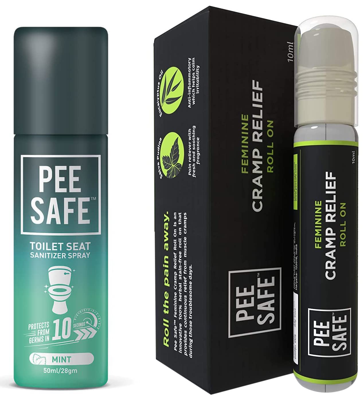 Toilet Seat Sanitizer Spray (50ml) - Mint Reduces The Risk of UTI- Pack of 2 & PEESAFE Pee Safe Feminine Cramp Relief Roll On with Ayurveda Extracts (10 ml)