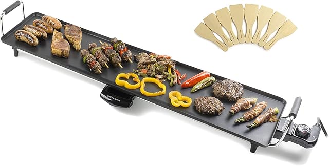 Andrew James Teppanyaki Electric Grill Plate & 2 Egg Rings | XXL Non-Stick Tabletop Griddle with 88cm x 23cm Hot Plate & Adjustable Temperature | Includes 8 Wooden Spatula