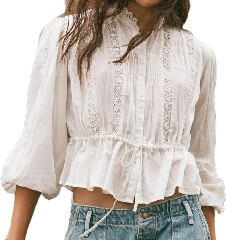 Womens Lace Tie Front Long Puff Sleeve V Neck Ruffle Peplum Top Button Babydoll Going Out Y2k Crop Blouse Shirt Top