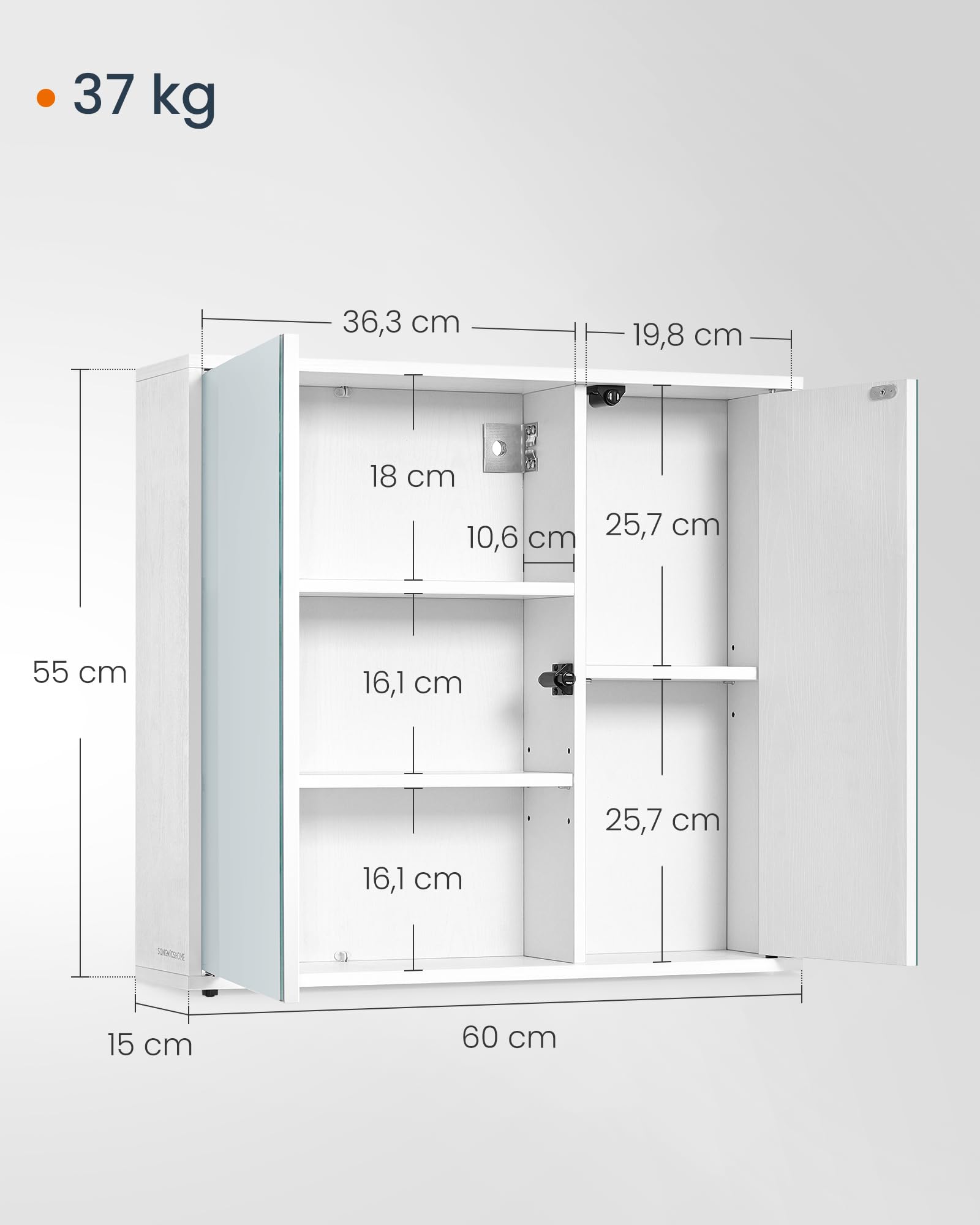 SONGMICS Home Szafka łazienkowa Mirror, technologia beznarzędziowa, superszybki montaż bez użycia narzędzi, lustro łazienkowe, regulowane półki, nowoczesne, 15 x 60 x 55 cm, Snow White BBC114WE01