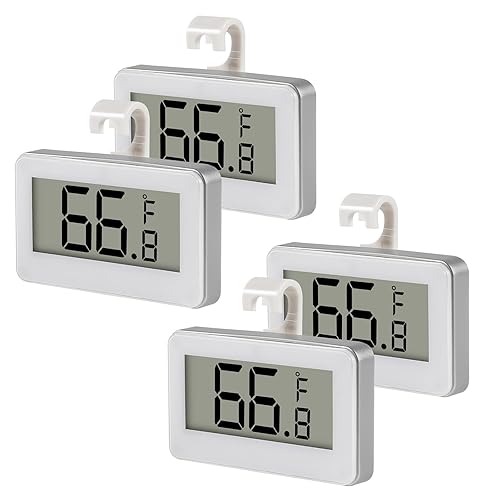 Termómetro digital para nevera y nevera, 4 unidades, termómetro de habitación con gancho, pantalla LCD grande °C/°F convertible con gancho para 4