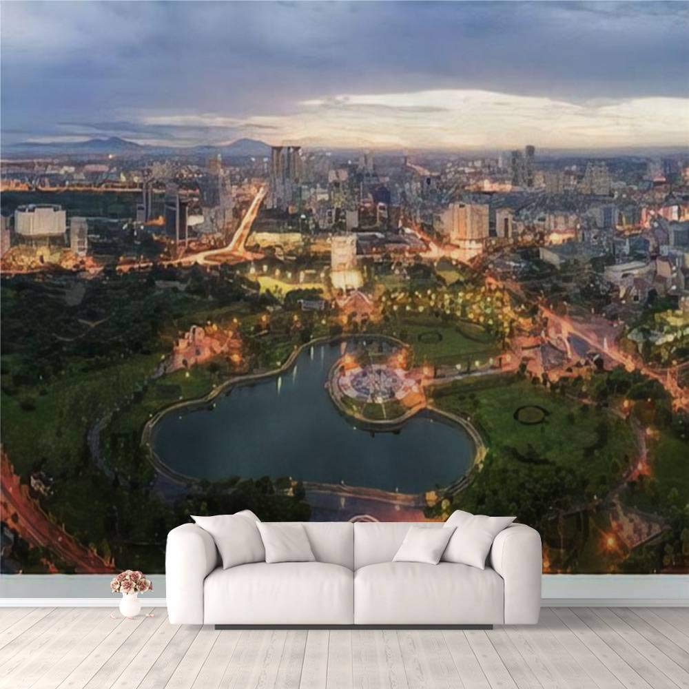 Modern 3D PVC Design Removable Wallpaper for Bedroom Living Room Hanoi skyline cityscape at twilight period Cau Giay park west of Hanoi Wallpaper Stick and Peel Wall Stickers Home Decor 100 * 144’’