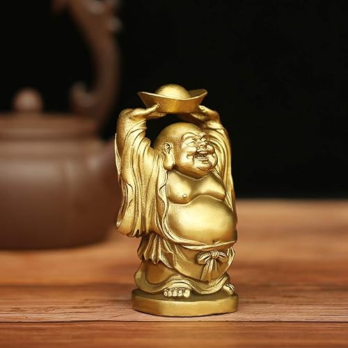 Miniatura 3 de BRASSTAR Adorno de latón Feng Shui Estatua de Buda riendo sosteniendo lingote bolsa de dinero para oficina en casa Figura decorativa Atrae riqueza