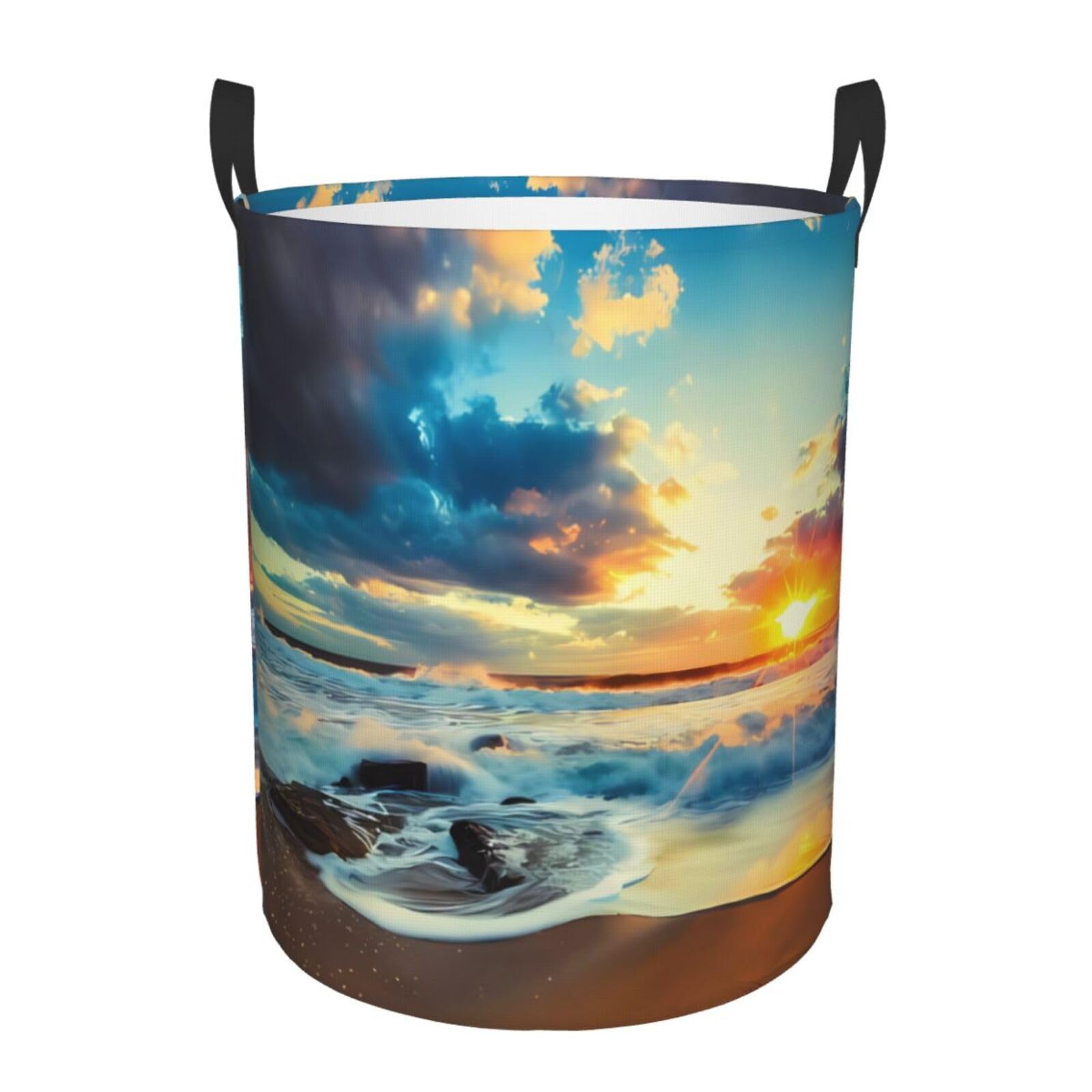 M Circular Hamper Sunset beach Print Storage Basket for Home