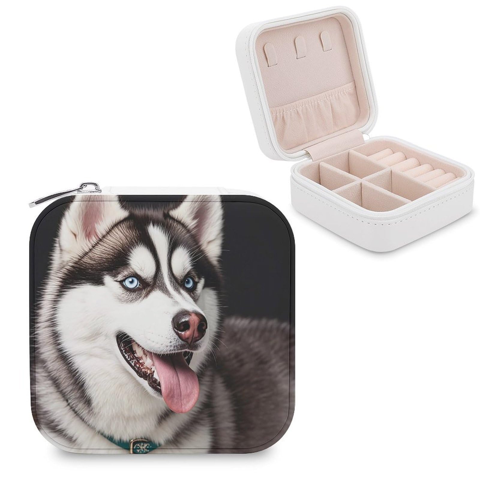 FekiLoot Cute Husky Dog Jewelry Case Personalized Leather Jewelry Box Mini Travel Jewelry Case Small Portable Jewelry Organizer for Ring Earrings Necklace Bracelet