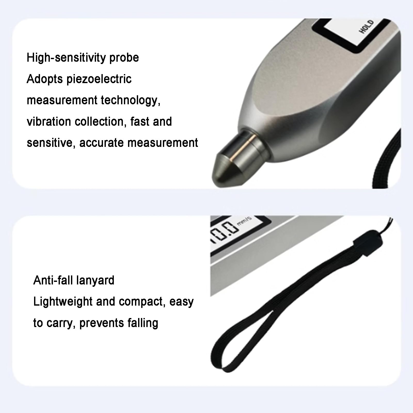 Vibrationstester, Handmessgerät, digitales Analysegerät, mit hintergrundbeleuchtetem LCD-Bildschirm und hochempfindlicher Sonde, Messbereich 0,1-199,9 m/s² für mechanische Fehlererkennung