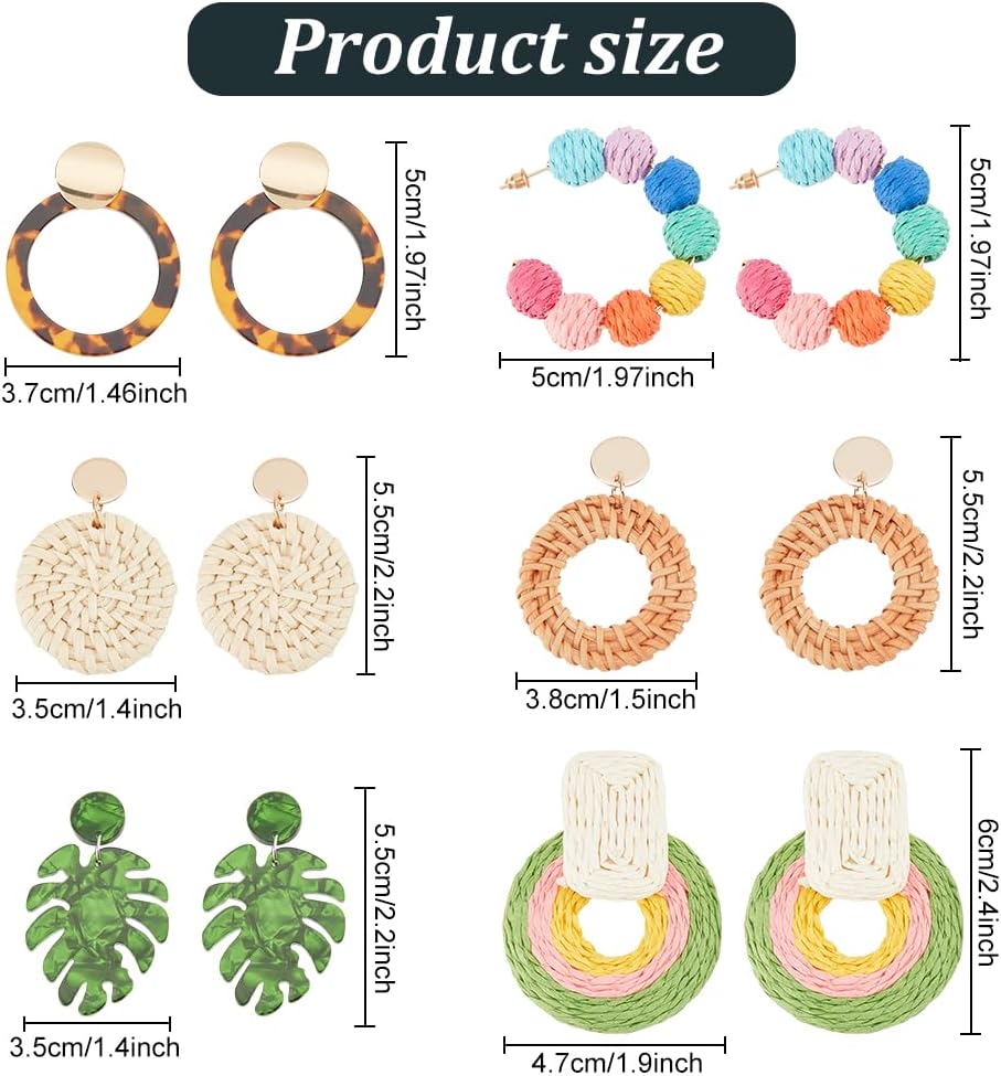 ANATTASOUL 6 Pairs Rattan Earrings Fashion Earrings Set Trendy Acrylic Earrings Leopard Hoop Earrings for Women Studs Straw Earrings Geometric Statement Hoop Dangle Drop Earrings for Vacation - Image 2