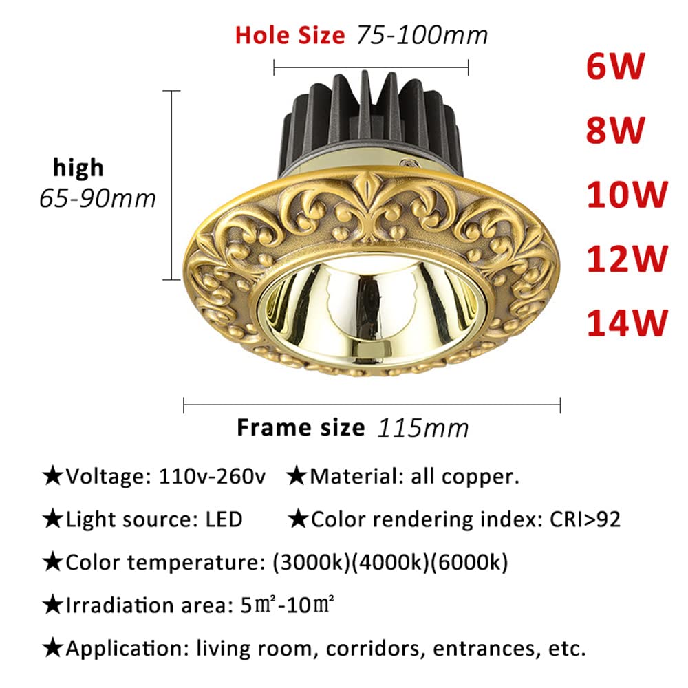 Wpuszczane Mosiężne Oprawy Downlight, Reflektory Antyodblaskowe | Szybkie Odprowadzanie Ciepła I Bezpieczeństwo, Przydatność Do Wielu Zastosowań (12w 3000k)