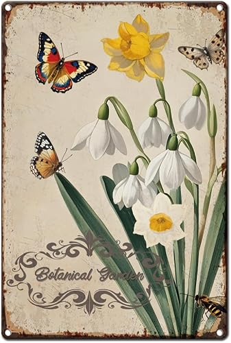 Letrero de metal vintage con diseño de flores, de 7.9 x 11.8 in, retro, con diseño de campanillas de nieve, aspecto oxidado, mariposa, abeja,