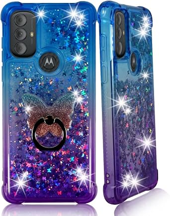 Zase Design for Motorola Moto G Play 2023/Moto G Pure/Moto G Power 2022 Clear Case Liquid Glitter Sparkly Bling Cute Floating 3D Butterflies Quicksand w/Phone Ring Holder Gradient Blue Purple