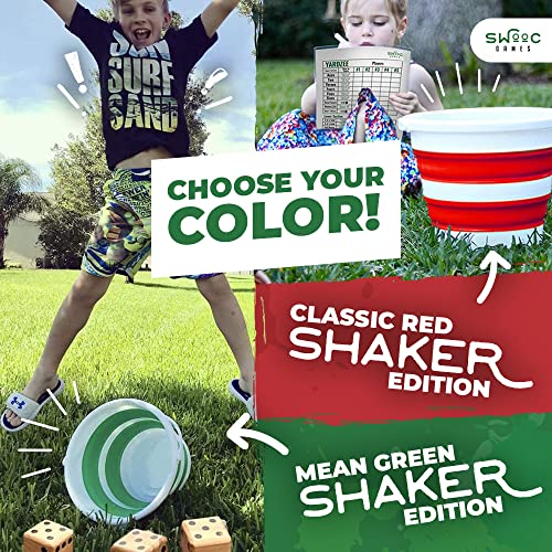 Swooc Games - Yardzee, Farkle & 20+ Games - Light-Weight Yard Dice Game Set (All Weather) With Collapsible Bucket, 5 Big Laminated Score Cards, And Marker (Choose 2.5In Or 3.5In Dice) Yard Games #TOP1