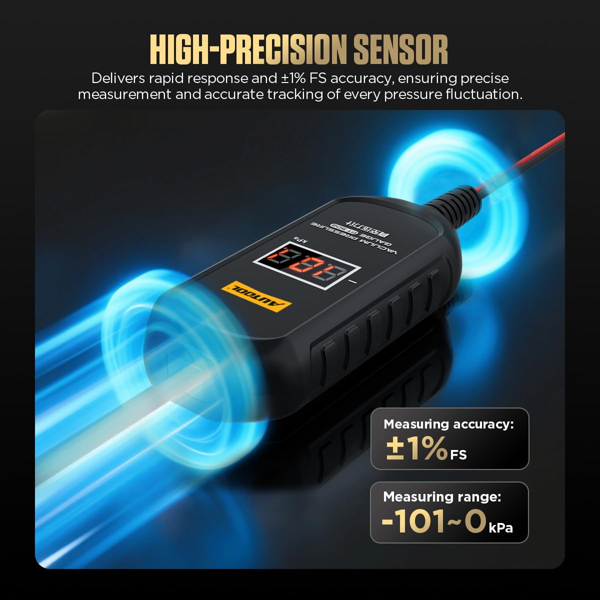 AUTOOL PT502 - Vacímetro digital para coche, -101-0 kPa, ± 1% de la escala completa, para colector de admisión, cárter, válvula EGR, sistema de escape, turbocompresor y aire acondicionado