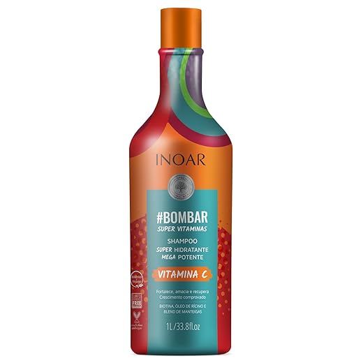 Inoar, Bombar, Shampoo Fortalecedor, Crescimento e Hidratação Diária, Biotina, Vitamina C e Blend de Manteigas, Vegano – Para Todos os Tipos de Cabelos, 1L