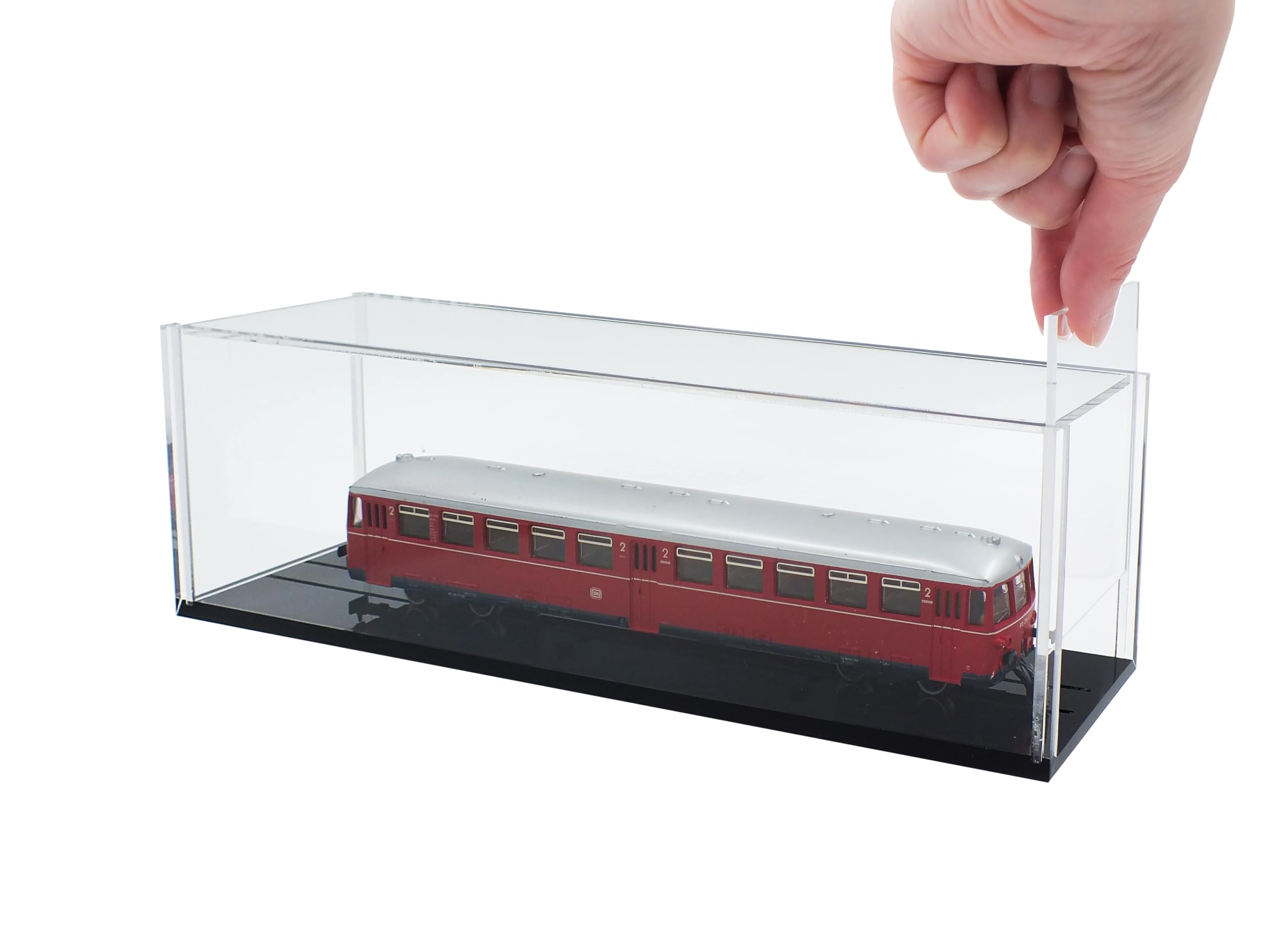 SAFE Lok-Vitrinen Typ A & B – Acryl-Vitrine für H0-Lokomotiven bis 180 mm oder 290 mm | Mit Hochglanzboden & Schiebetüren | Staubschutz & Präsentationsdisplay (Typ B)