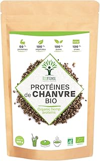 Visuel du produit : Protéine de Chanvre Bio - Bioptimal - 50% de Protéines - BCAA Oméga 3 Fibres - Poudre de Graine de Chanvre Crue - Cultivé en Europe - 100% Pur - Conditionné en France - Certifié par Ecocert - 500 g