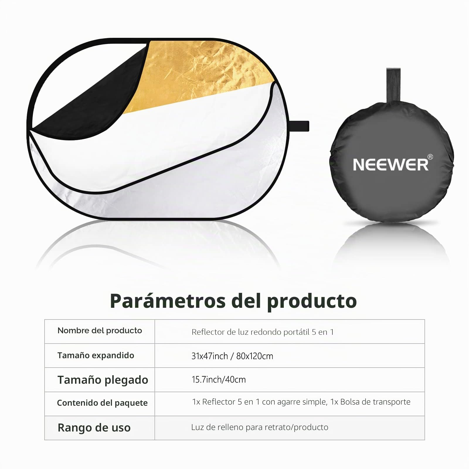 Neewer 5-in-1 Reflector de luz professional, plegable multi discos ovalado (80 x 120 cm) translúcido, plateado, negro, dorado y blanco