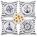 Lot de 4 Housses de Coussin de Océanique Ancre Phare Boussole Gouvernail Navigation Taies d'oreiller avec Rayures Bleues Housses Carrées en Lin Lmperméable avec Fermeture éclair Invisible,45x45 cm