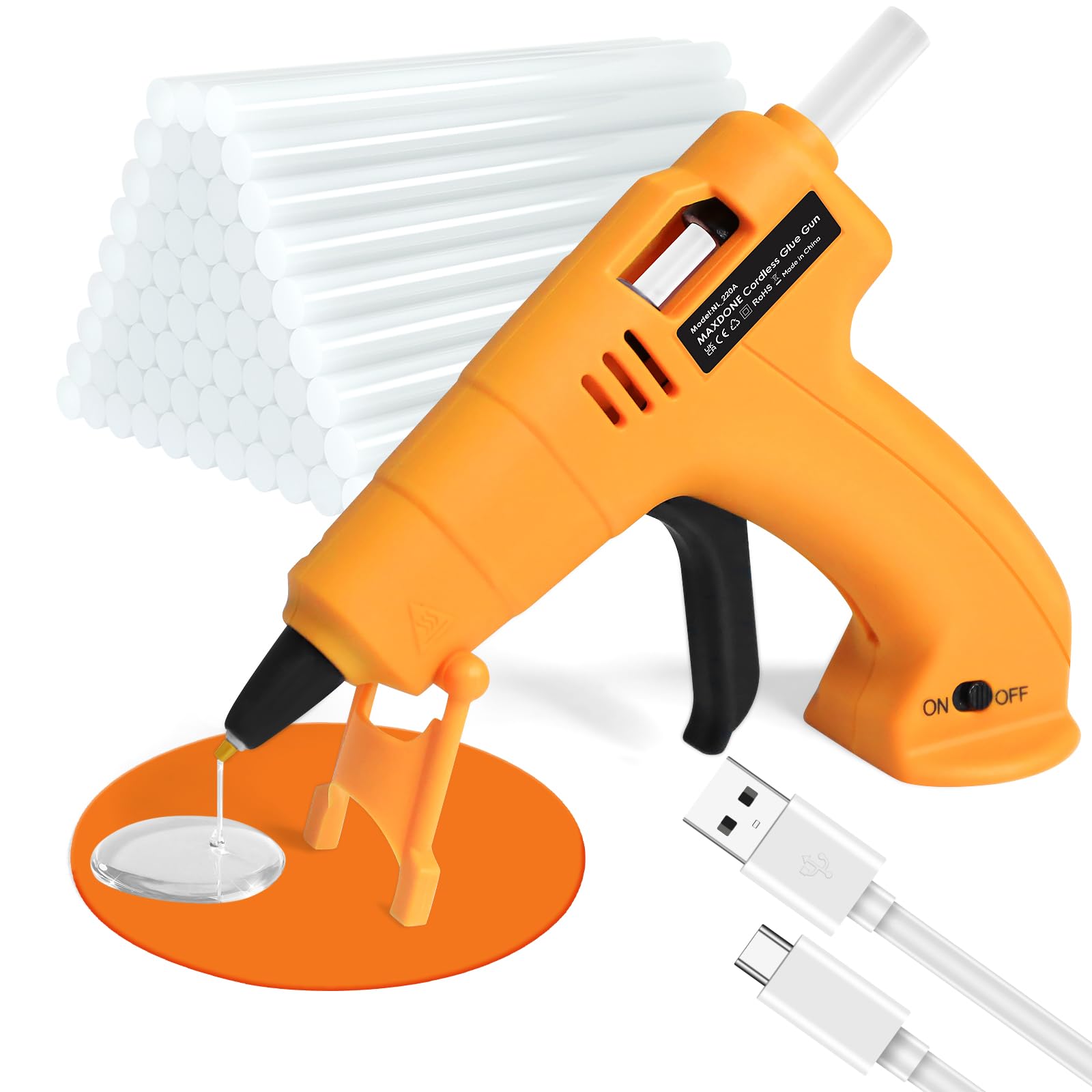MAXDONE Heißklebepistole Akku, Heißklebepistole Kabellos mit 30 Heißklebesticks & Silikonmatte, USB Typ-C Aufladende 3000mAh, Tragbar Klebepistole Kabellos zum Basteln DIY und Schnelle Reparaturen